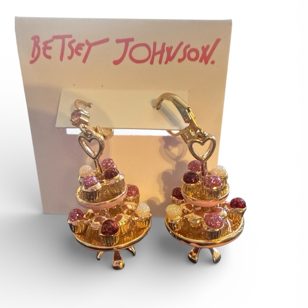 Betsey Johnson Gold and Pink Tiered Cupcake Earrings-NWT